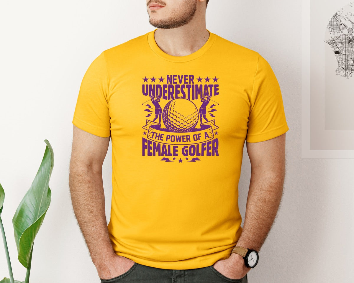 brand:Bella Canvas|color:Gold|Female Golfer Golf Club T Shirt Design Graphic T-Shirt