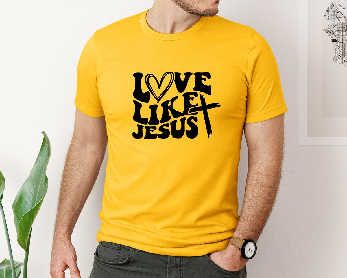 brand:Bella Canvas|color:Gold|Love Like Jesus Wavy 2 Graphic T-Shirt