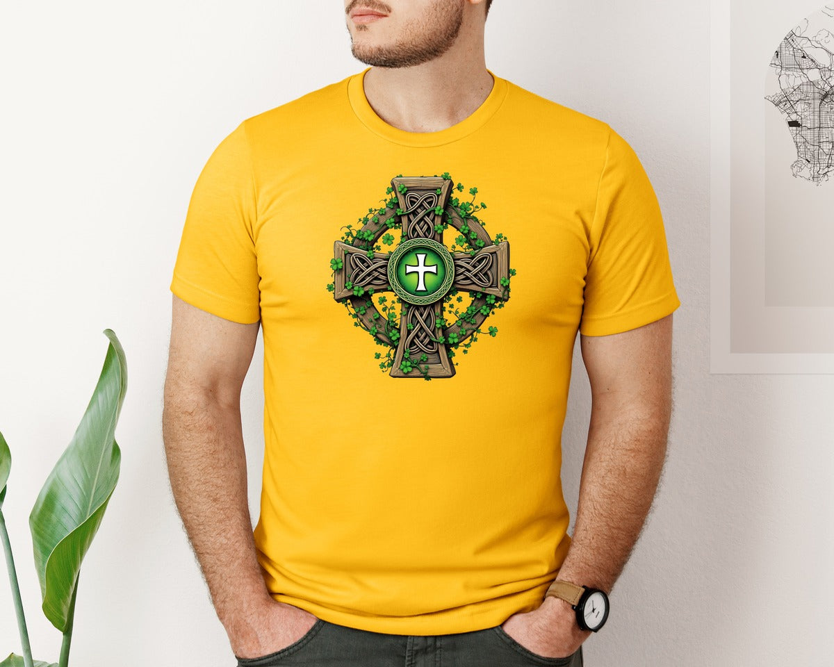 brand:Bella Canvas|color:Gold|Celtic Cross With Shamrocks Irish Graphic T-Shirt