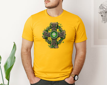 brand:Bella Canvas|color:Gold|Celtic Cross With Shamrocks Irish Graphic T-Shirt