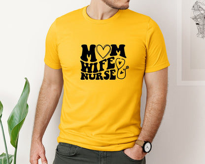 brand:Bella Canvas|color:Gold|Mom Wife Nurse Wavy Graphic T-Shirt