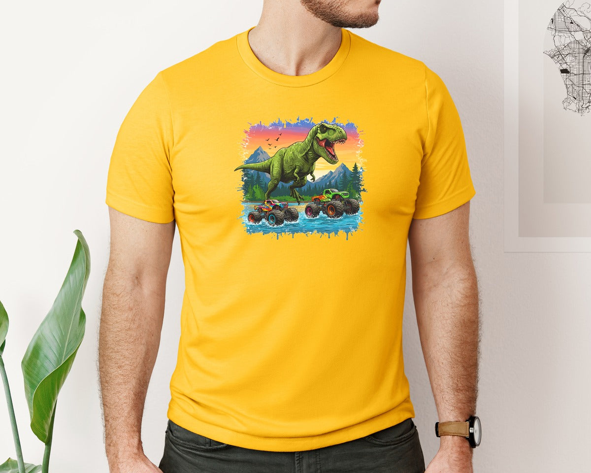 brand:Bella Canvas|color:Gold|Dinosaur Monster Truck T Rex Graphic T-Shirt