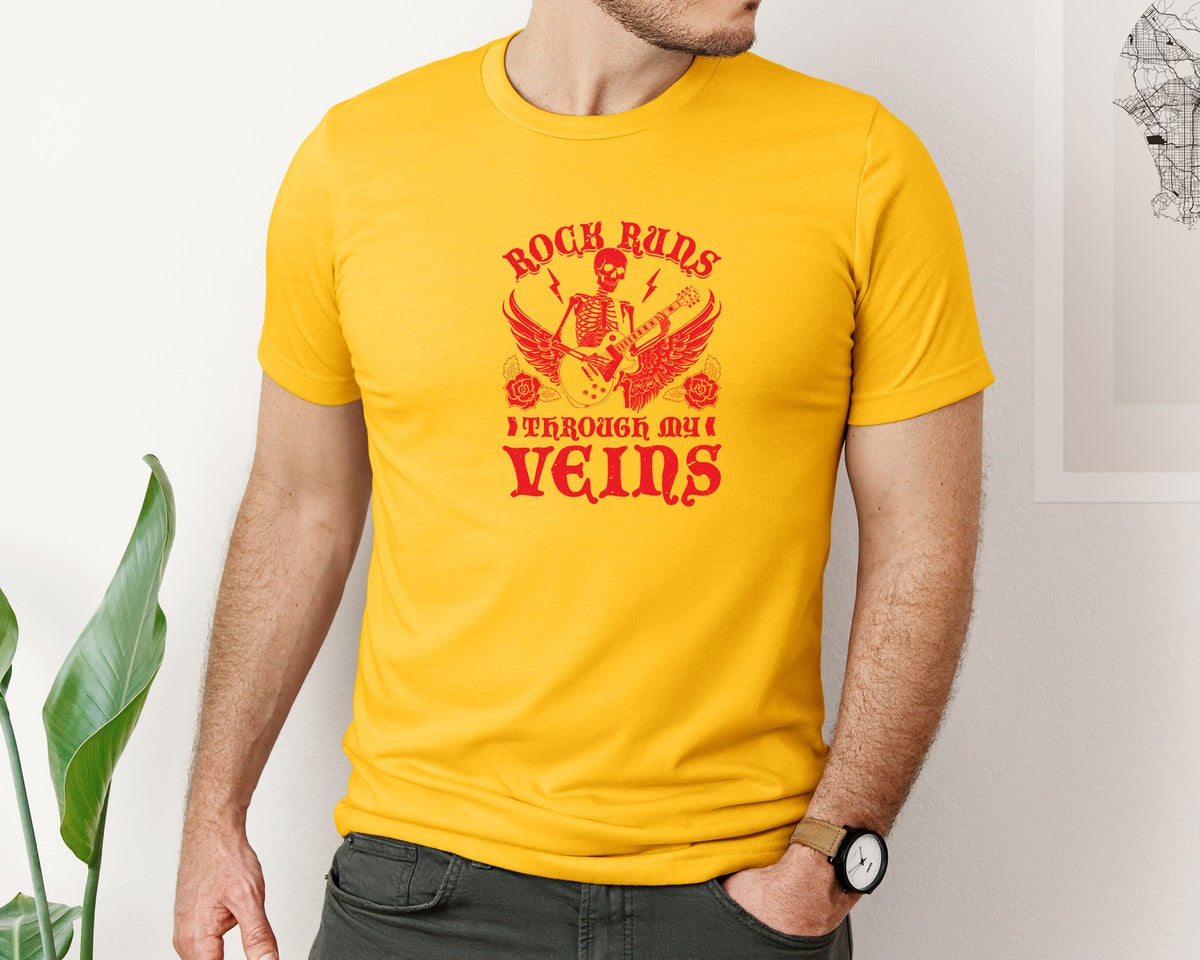 brand:Bella Canvas|color:Gold|Rock Runs Through My Veins Design Graphic T-Shirt