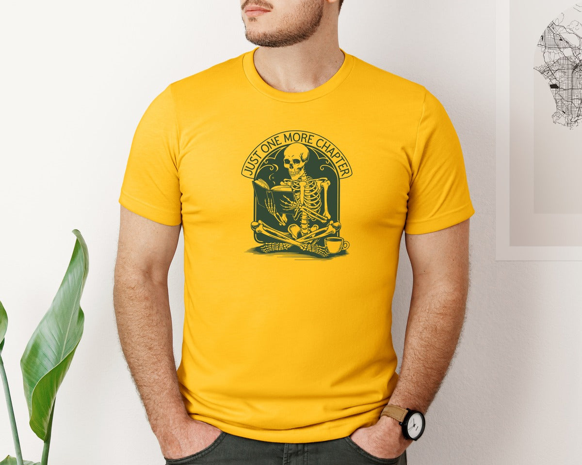 brand:Bella Canvas|color:Gold|Just One More Chapter Skeleton Coffee 2 Graphic T-Shirt
