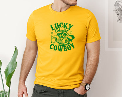 brand:Bella Canvas|color:Gold|Lucky Cowboy Funny St Patricks Day Graphic T-Shirt