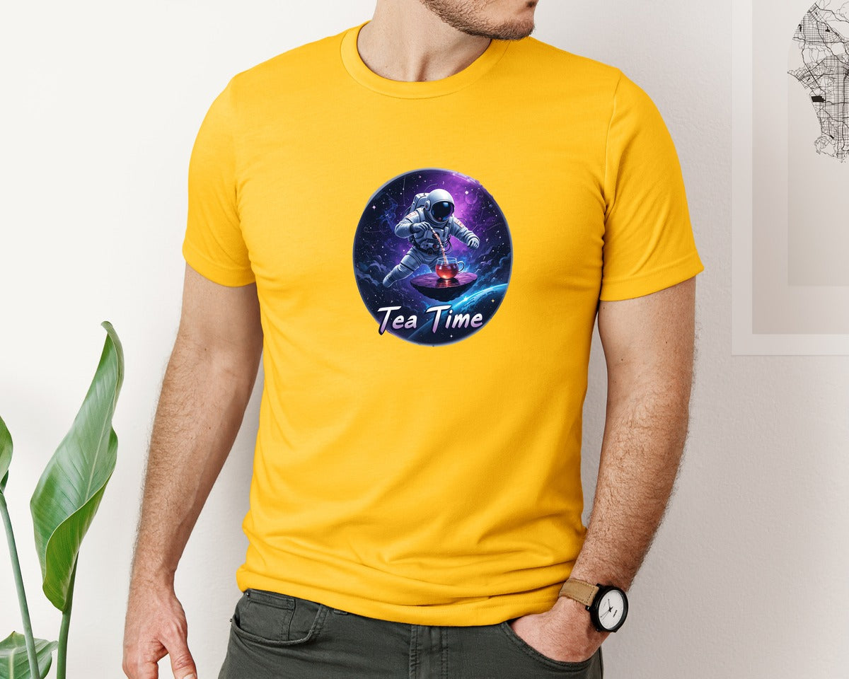 brand:Bella Canvas|color:Gold|Astronaut Tea Time In Space T Shirt Graphic T-Shirt