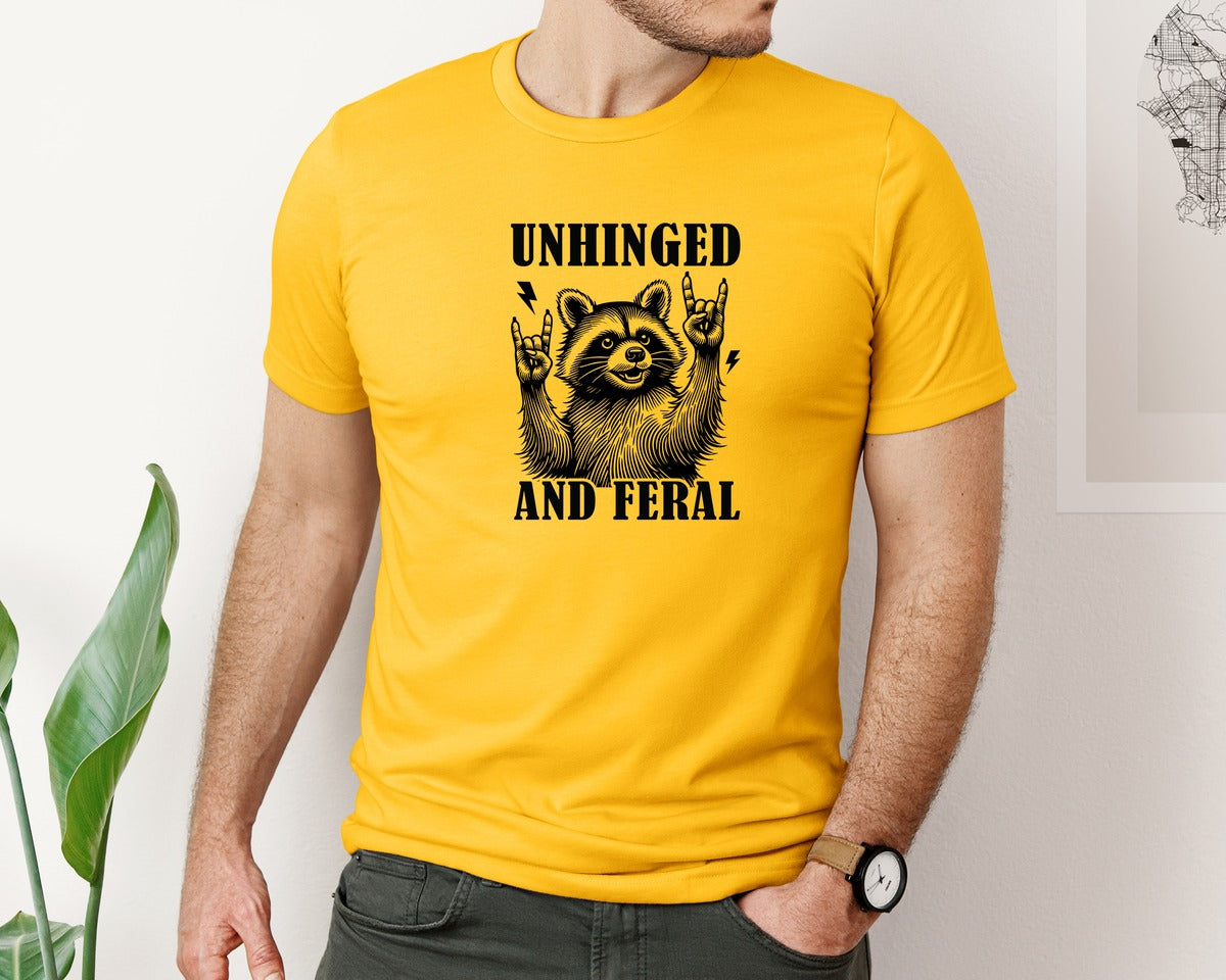 brand:Bella Canvas|color:Gold|Unhinged And Feral Vintage Raccoon Meme Graphic T-Shirt