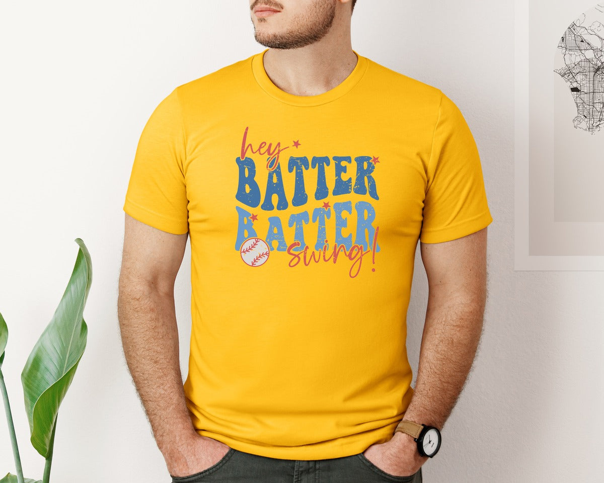 brand:Bella Canvas|color:Gold|Retro Baseball Hey Batter Batter Swing Graphic T-Shirt