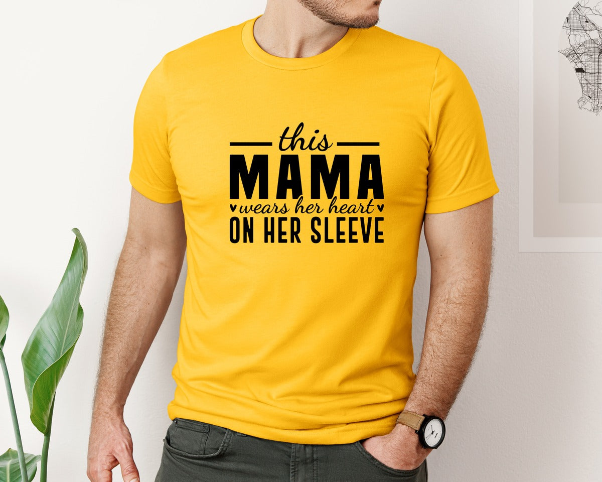 brand:Bella Canvas|color:Gold|This Mama Wears Her Heart On Her Sleeve 77 Graphic T-Shirt