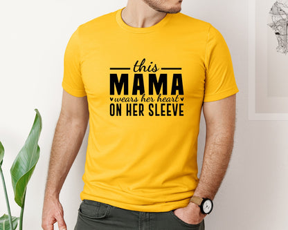 brand:Bella Canvas|color:Gold|This Mama Wears Her Heart On Her Sleeve 77 Graphic T-Shirt