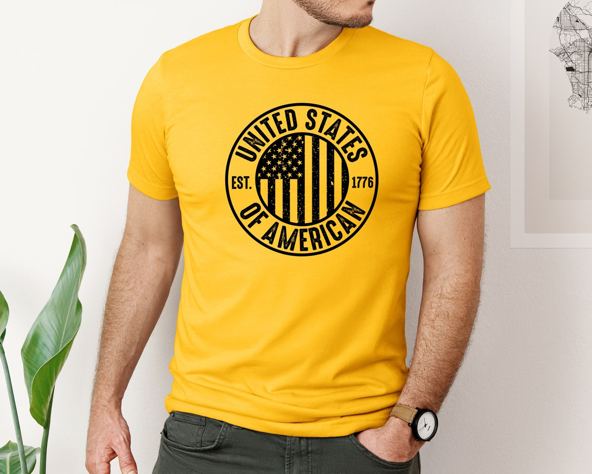 brand:Bella Canvas|color:Gold|United States Of America Patriotic Graphic T-Shirt