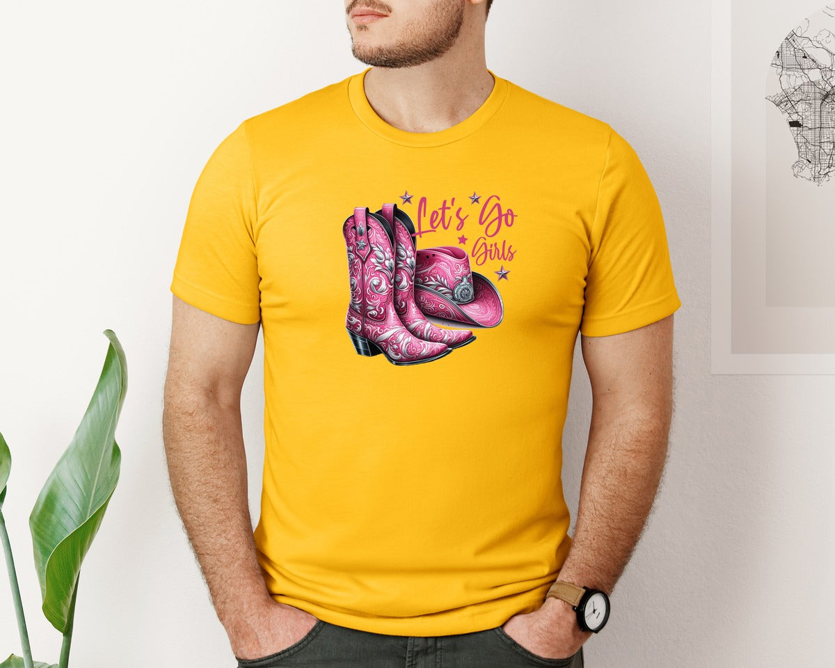 brand:Bella Canvas|color:Gold|Lets Go Girls Cowgirl Boots 2 Graphic T-Shirt