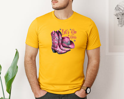 brand:Bella Canvas|color:Gold|Lets Go Girls Cowgirl Boots 2 Graphic T-Shirt