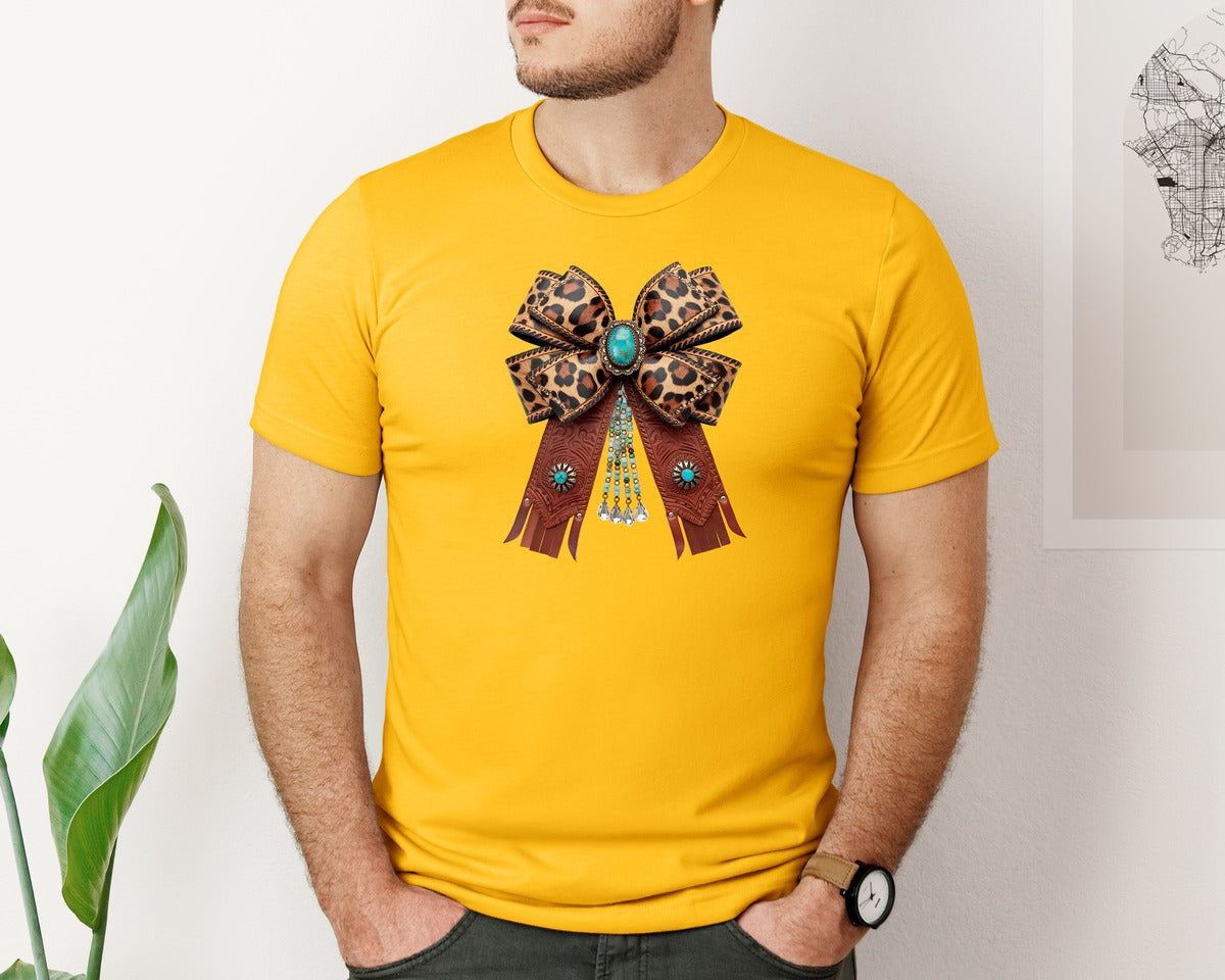 brand:Bella Canvas|color:Gold|Western Leopard Bow Coquette Cowgirl 2 Graphic T-Shirt