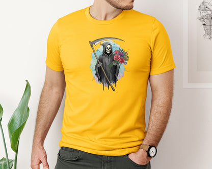 brand:Bella Canvas|color:Gold|Grim Reaper With Flowers Gothic Graphic T-Shirt