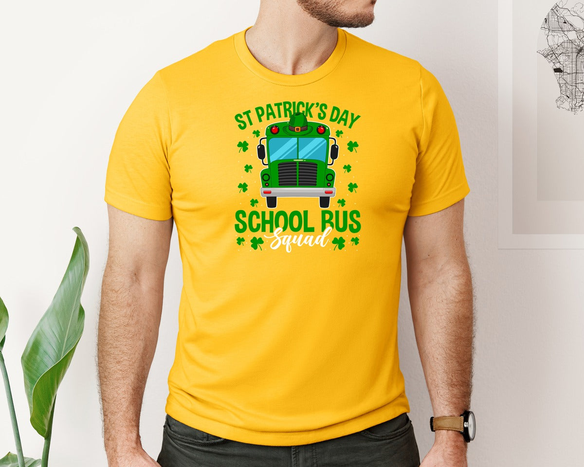 brand:Bella Canvas|color:Gold|St Patricks Day School Bus Squad School 2 Graphic T-Shirt
