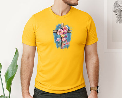 brand:Bella Canvas|color:Gold|Floral Christian Cross Graphic T-Shirt