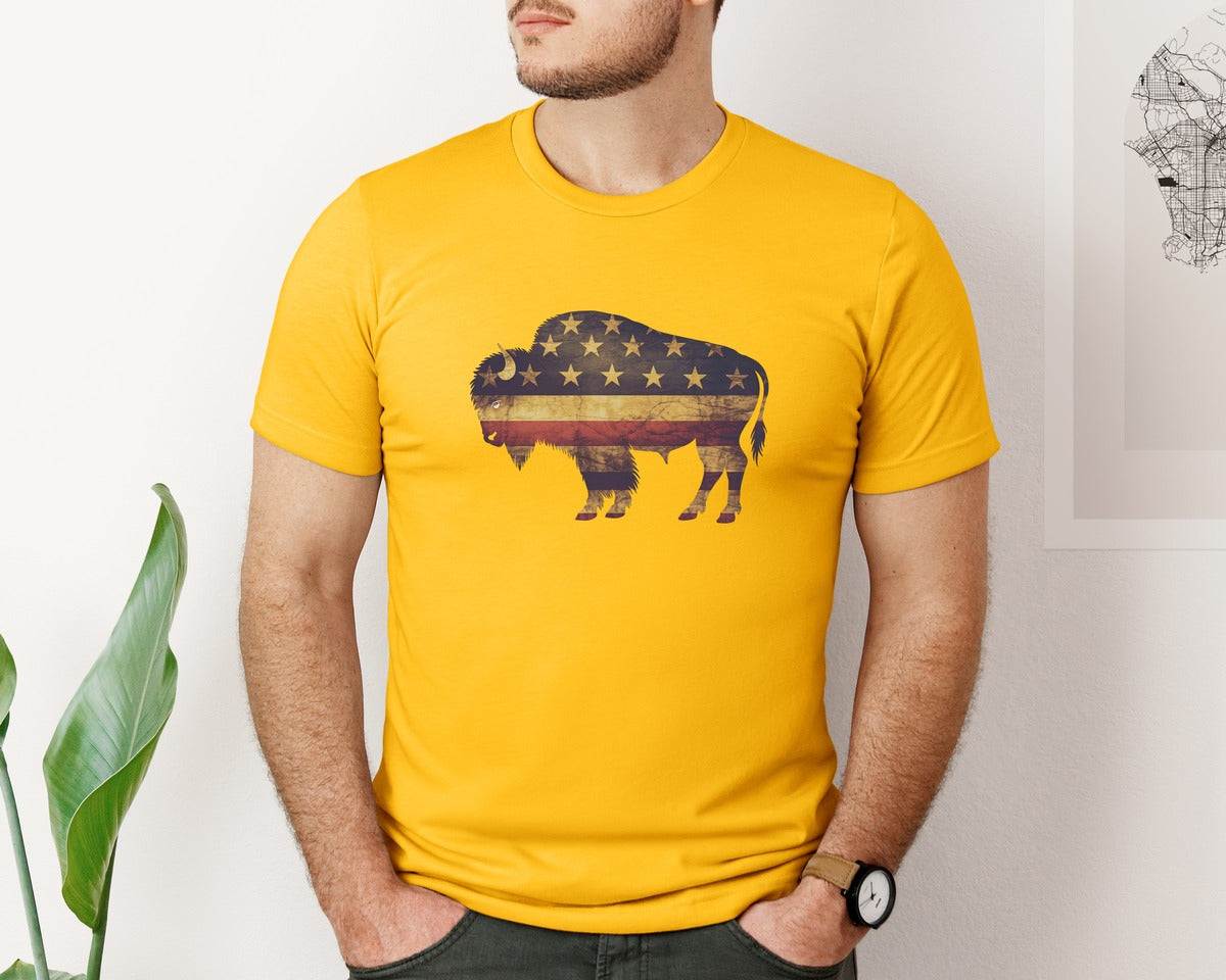 brand:Bella Canvas|color:Gold|American Bison Patriotic Usa Flag 4 Graphic T-Shirt