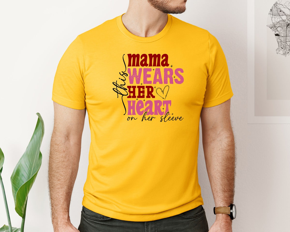 brand:Bella Canvas|color:Gold|This Mama Wears Her Heart On Her Sleeve 84 Graphic T-Shirt