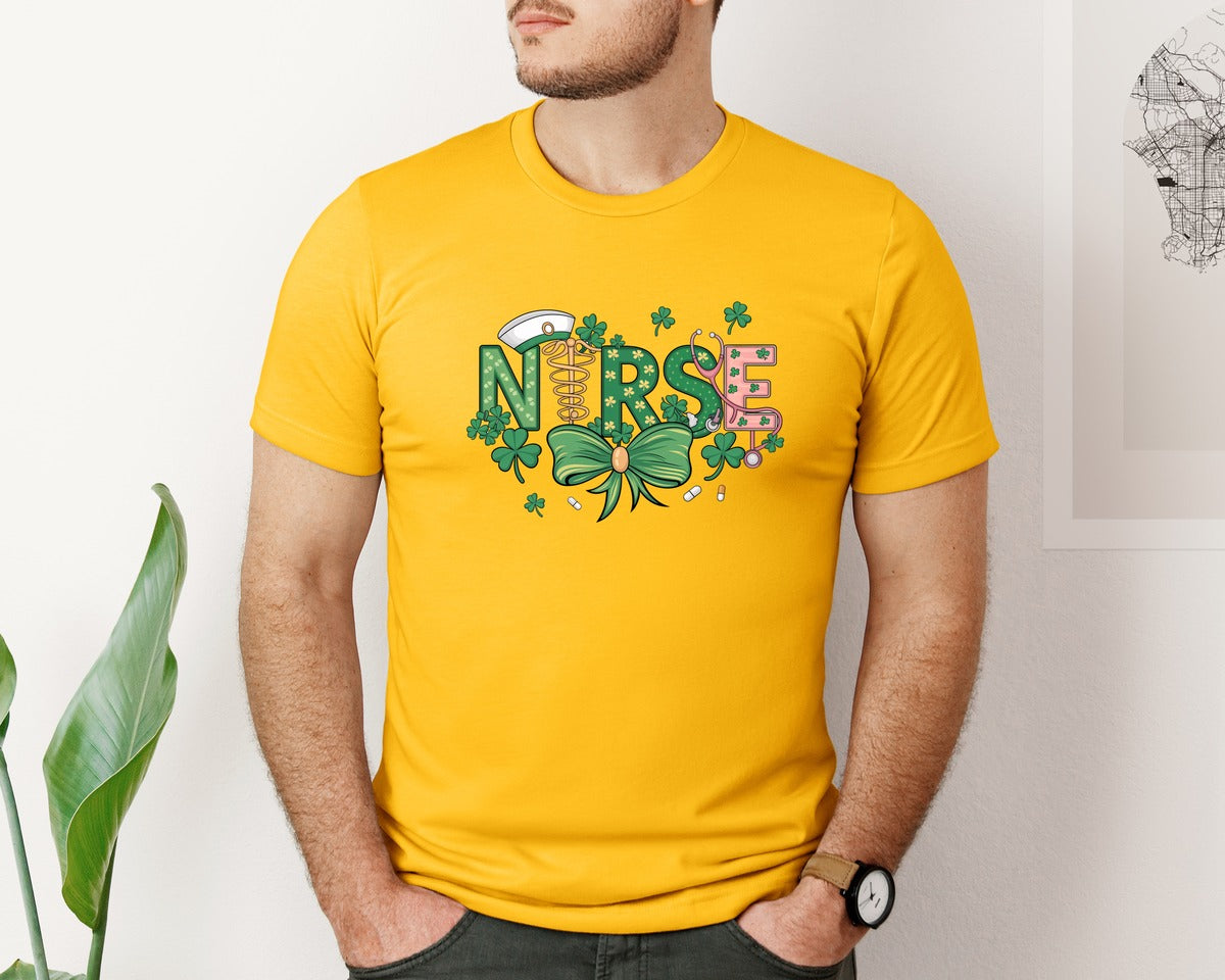 brand:Bella Canvas|color:Gold|St Patricks Day Nurse Lucky Nurse 6 Graphic T-Shirt