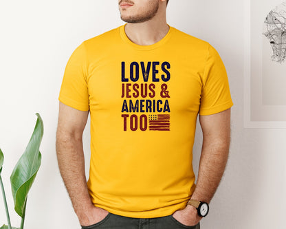 brand:Bella Canvas|color:Gold|Loves Jesus And America Too Jesus Graphic T-Shirt