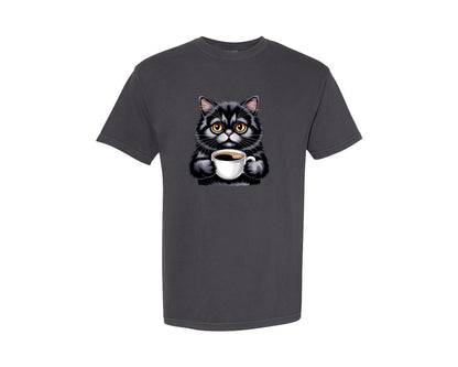 brand:Comfort Colors|color:Graphite|Watercolor Black Cat With Coffee Cup Graphic T-Shirt