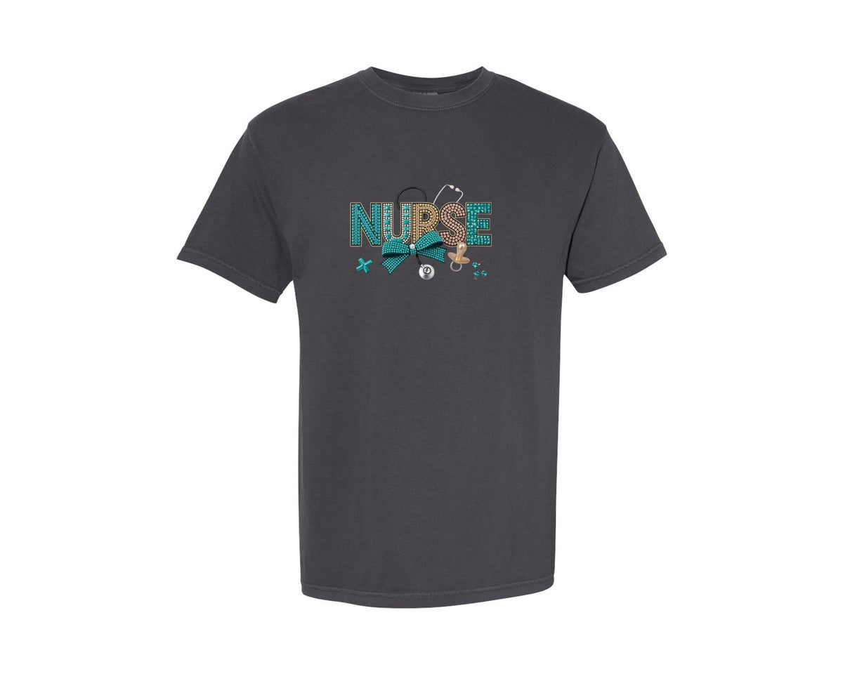 brand:Comfort Colors|color:Graphite|Nurse Life Rhinestone Diamond Graphic T-Shirt