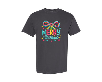 brand:Comfort Colors|color:Graphite|Yarn Faux Embroidery Merry Christmas Graphic T-Shirt
