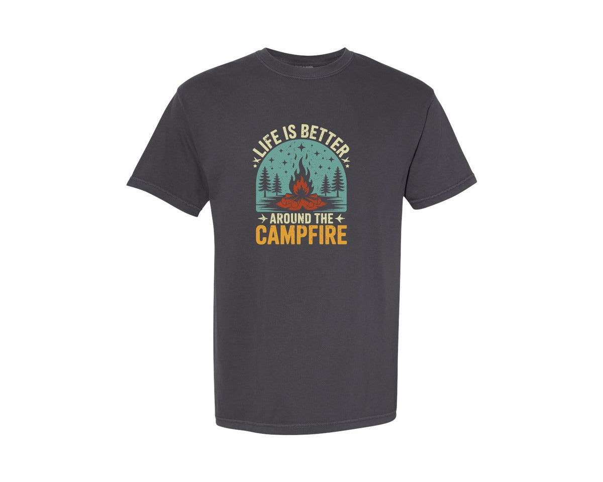 brand:Comfort Colors|color:Graphite|Hike Camper Tent Campfire Vector Design Graphic T-Shirt