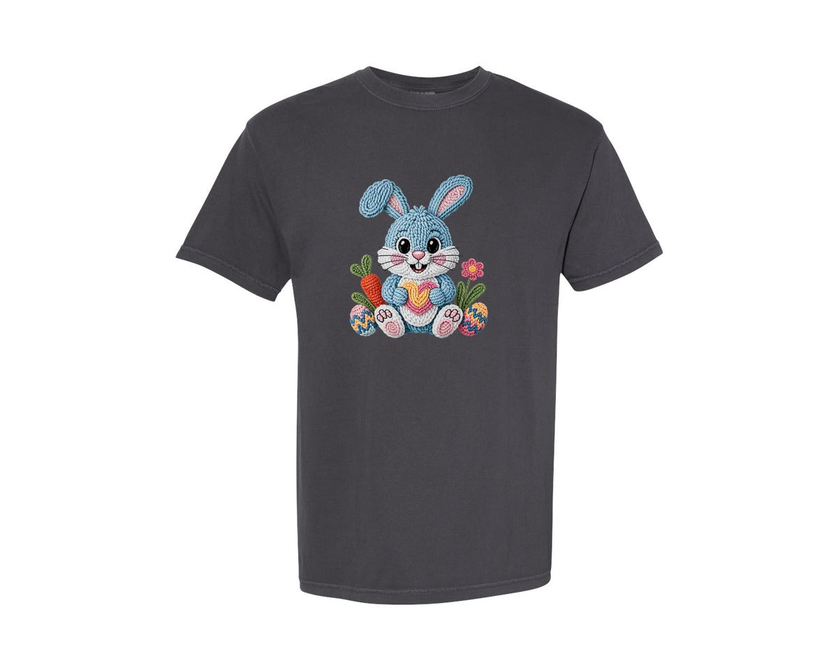 brand:Comfort Colors|color:Graphite|Happy Easter Boy Bunny Faux Yarn Graphic T-Shirt