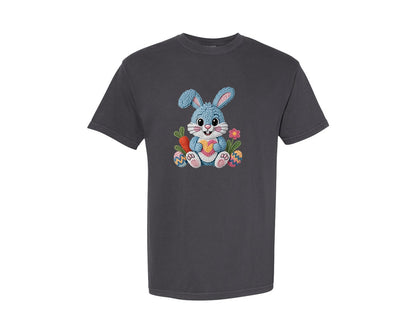 brand:Comfort Colors|color:Graphite|Happy Easter Boy Bunny Faux Yarn Graphic T-Shirt