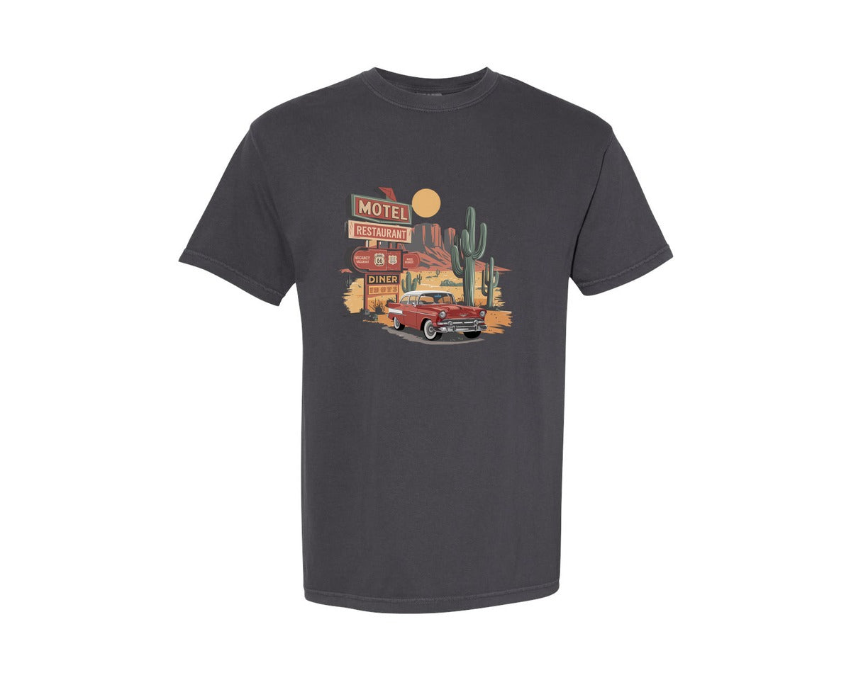 brand:Comfort Colors|color:Graphite|Desert Road Trip Vintage Motel Class 2 Graphic T-Shirt