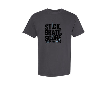 brand:Comfort Colors|color:Graphite|Stick Skate Score Ice Hockey Shirt Graphic T-Shirt