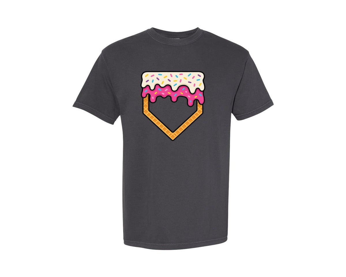 brand:Comfort Colors|color:Graphite|Baseball Ice Cream Home Plate Drip Graphic T-Shirt