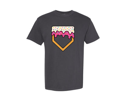 brand:Comfort Colors|color:Graphite|Baseball Ice Cream Home Plate Drip Graphic T-Shirt