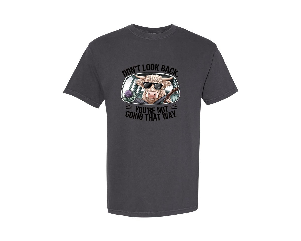 brand:Comfort Colors|color:Graphite|Dont Look Back Highland Cow 4 Graphic T-Shirt