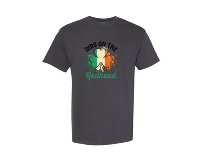 brand:Comfort Colors|color:Graphite|Dibs On The Redhead Irish Shamrock Graphic T-Shirt