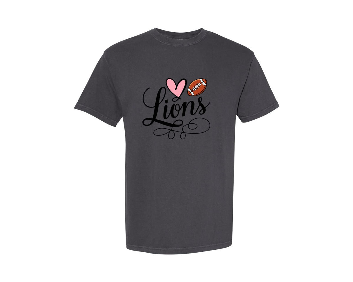 brand:Comfort Colors|color:Graphite|Lions Football Mascot Pink Heart Graphic T-Shirt