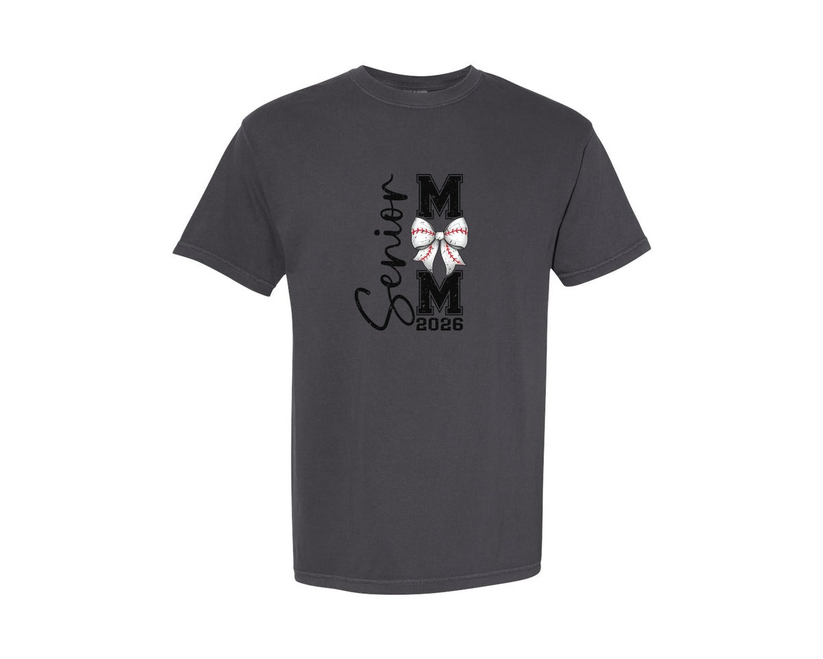 brand:Comfort Colors|color:Graphite|2026 Senior Baseball Mom Coquette Bow Graphic T-Shirt