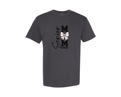 brand:Comfort Colors|color:Graphite|2026 Senior Baseball Mom Coquette Bow Graphic T-Shirt