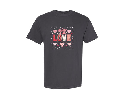 brand:Comfort Colors|color:Graphite|Lace Love Coquette Bow Preppy Heart Graphic T-Shirt
