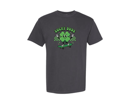 brand:Comfort Colors|color:Graphite|Lucky Dude Shamrock Skateboard 2 Graphic T-Shirt