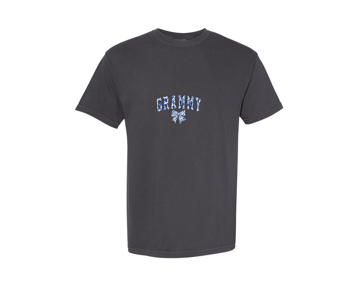 brand:Comfort Colors|color:Graphite|Coquette Grammy Chinoiserie Blue Bow 2 Graphic T-Shirt
