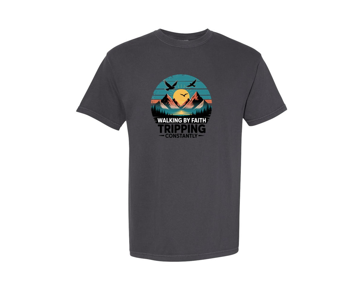 brand:Comfort Colors|color:Graphite|Walking By Faith Christian Bible Verse Graphic T-Shirt