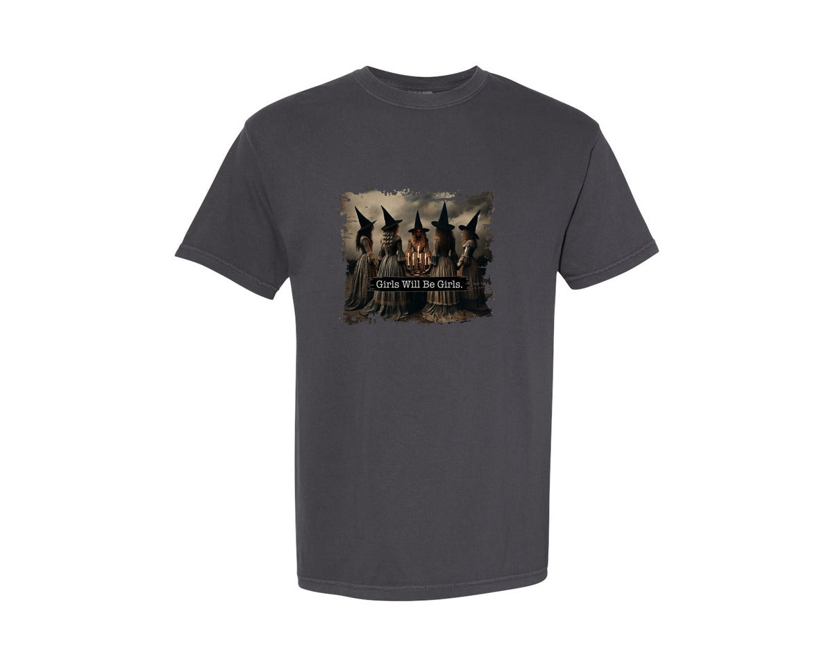 brand:Comfort Colors|color:Graphite|Girls Will Be Girls Witch Halloween 3 Graphic T-Shirt