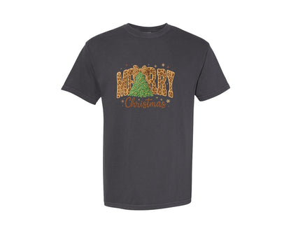 brand:Comfort Colors|color:Graphite|Leopard Print Merry Christmas 2 Graphic T-Shirt