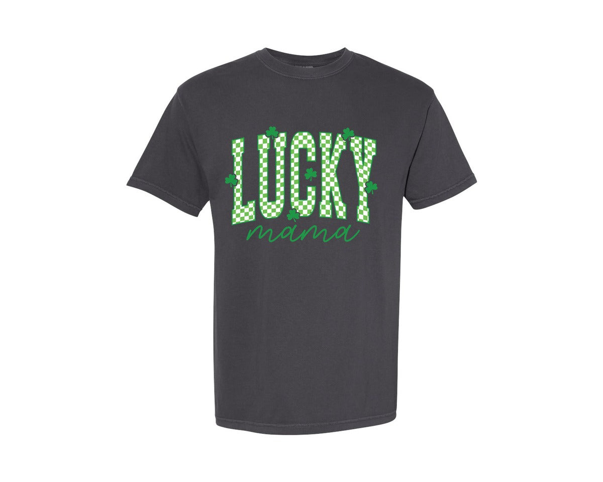 brand:Comfort Colors|color:Graphite|Lucky Mama Mini Checkered Clover Graphic T-Shirt
