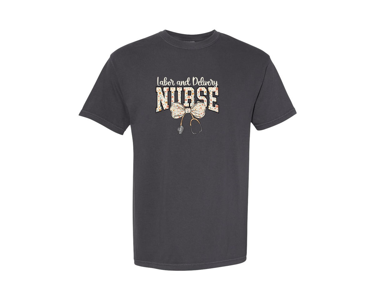 brand:Comfort Colors|color:Graphite|Labor And Delivery Nurse Coquette Floral Graphic T-Shirt