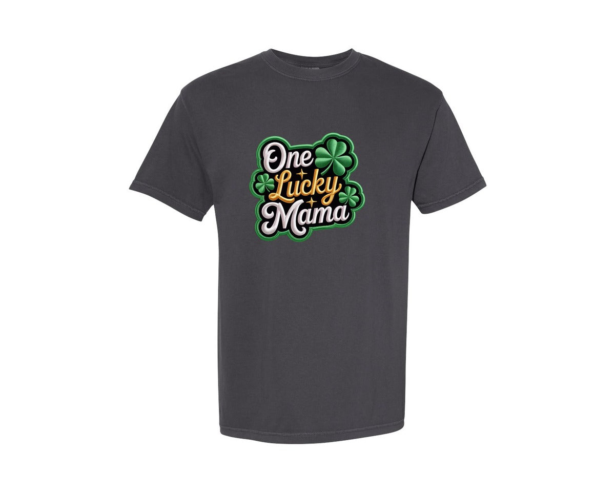 brand:Comfort Colors|color:Graphite|Faux Yarn One Lucky Mama Shamrock Graphic T-Shirt