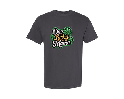 brand:Comfort Colors|color:Graphite|Faux Yarn One Lucky Mama Shamrock Graphic T-Shirt